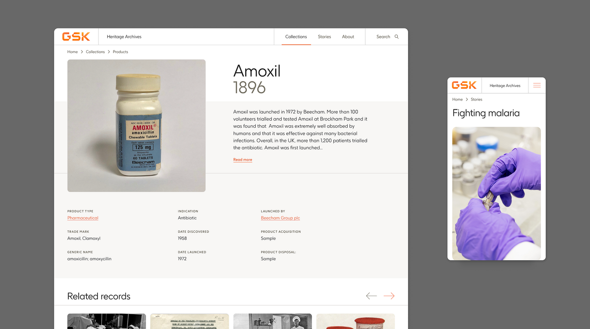 Image showcasing a record details page on the GSK Heritage archives website.